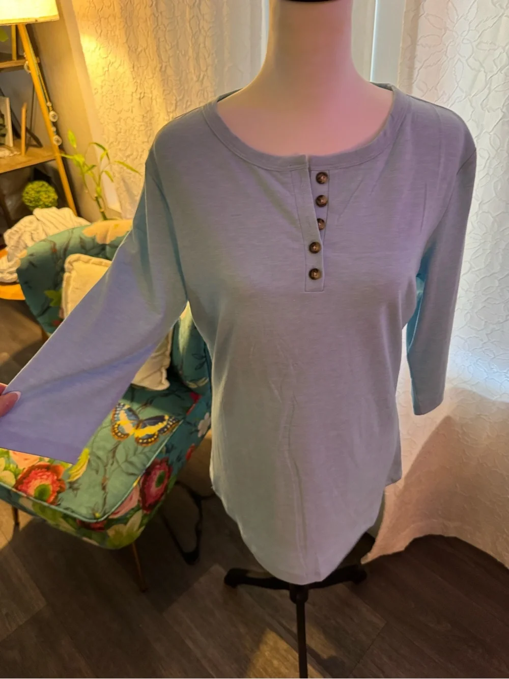 Women's Light Blue Henley Sleeve Top